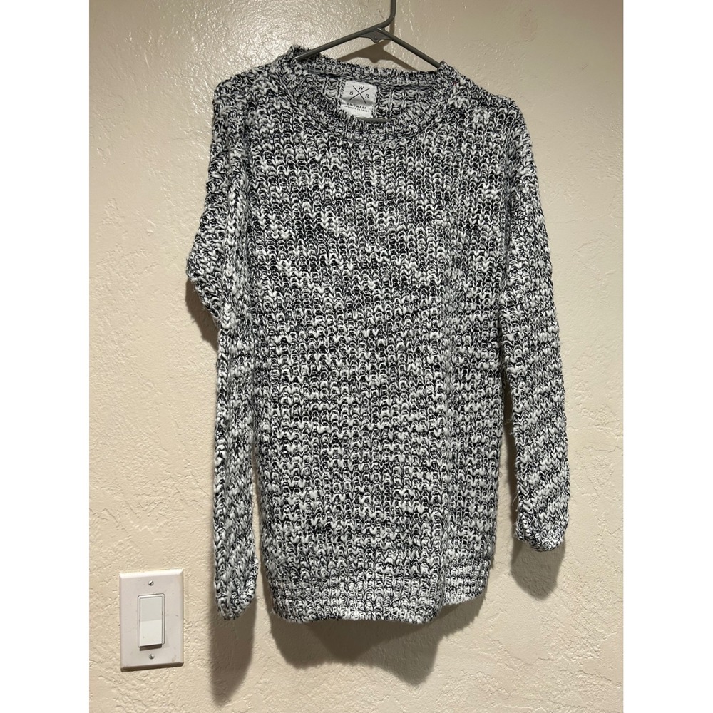 SWS Knitwear Mens Small Black White Marled Chunky Knit Crewneck Pullover Sweater